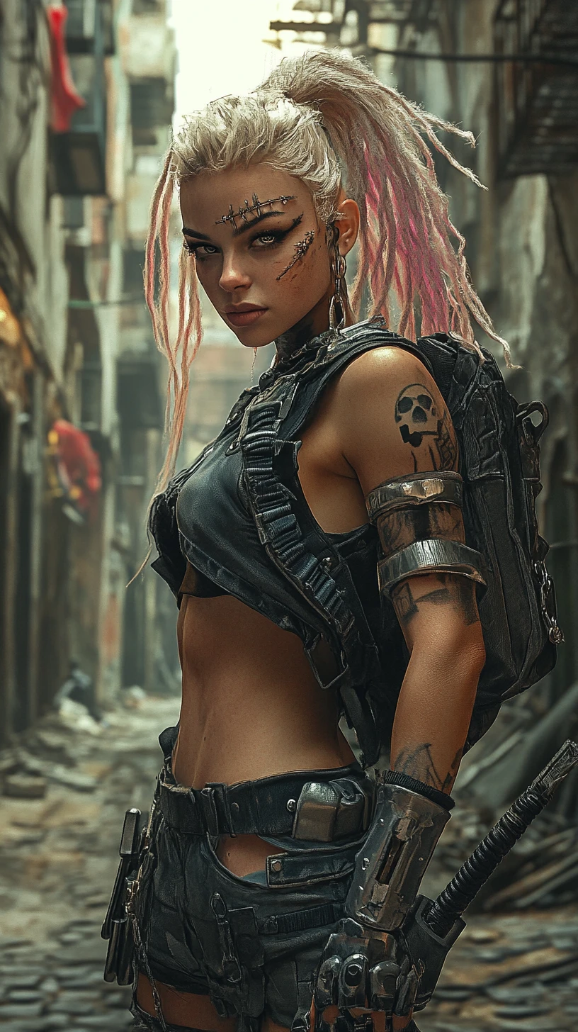 Defiant tattooed warrior woman in a ruined city alley