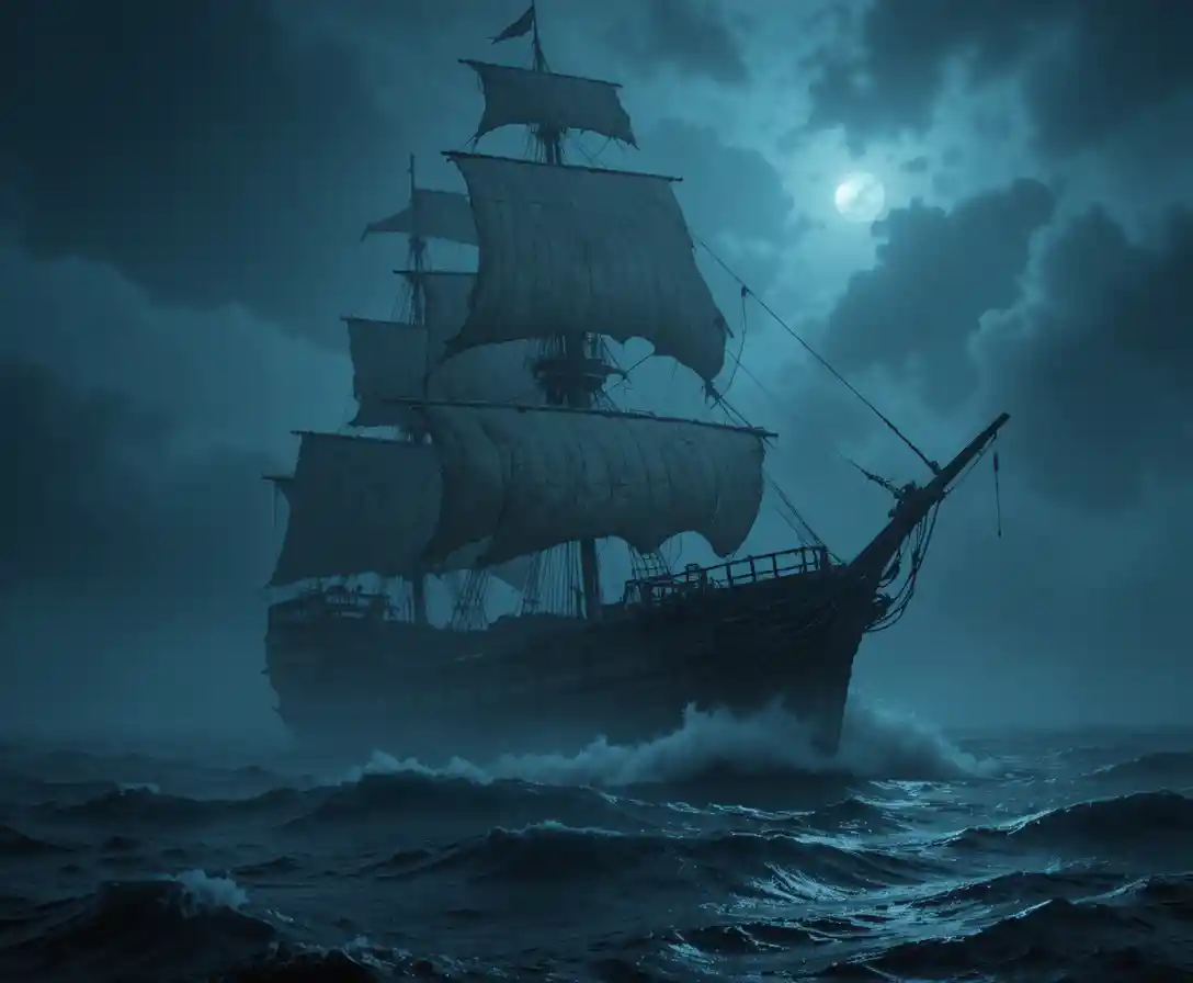 Navio à vela vitoriano fantasmagórico na névoa oceânica ao luar