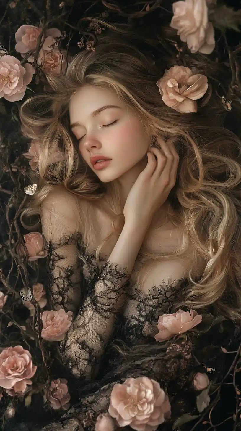 Dreamy blonde girl with roses and tangled vines