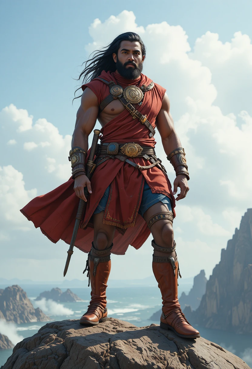 Warrior in red velvet on a high sea cliff at dawn