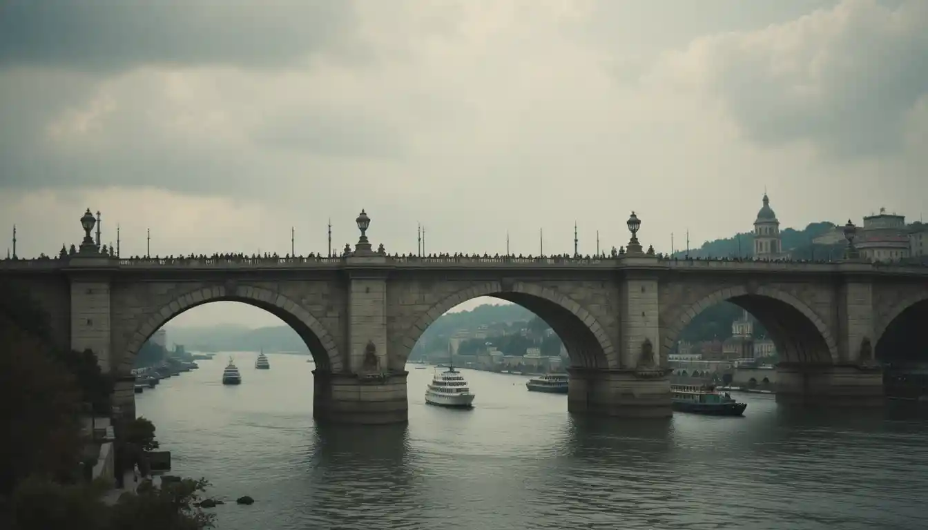 Victorian stone bridge with arches over a wide river