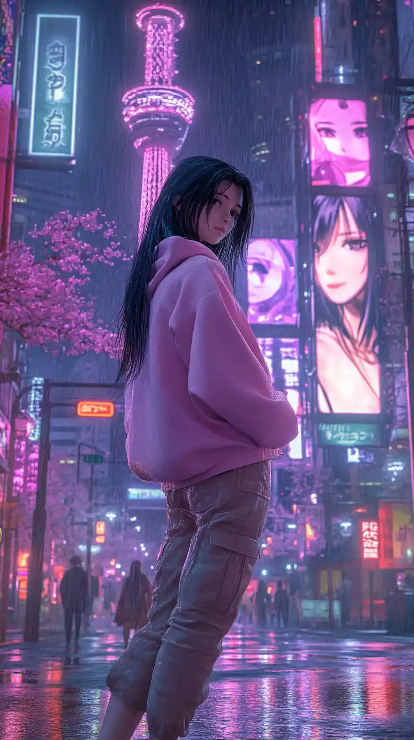 Anime girl in pastel hoodie on rainy neon Tokyo street
