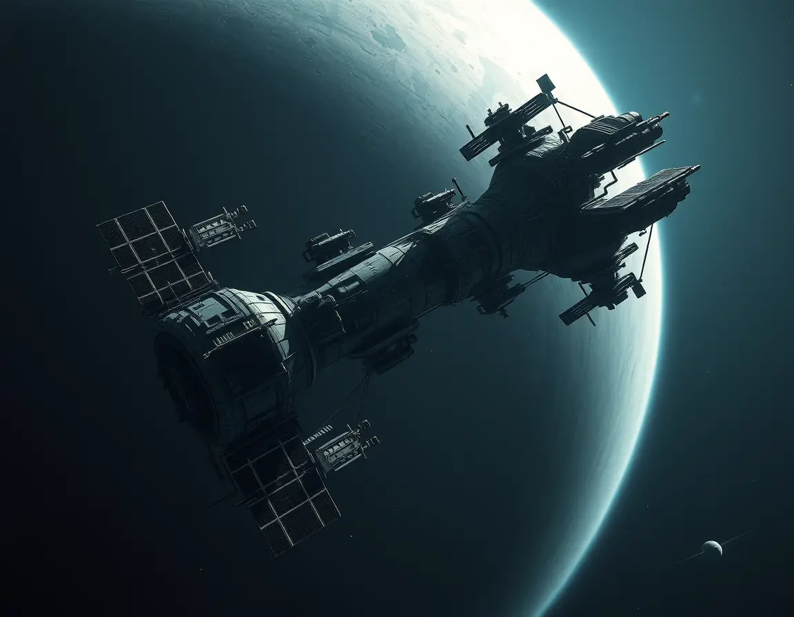 Abandoned space station drifting beside a distant ringed giant