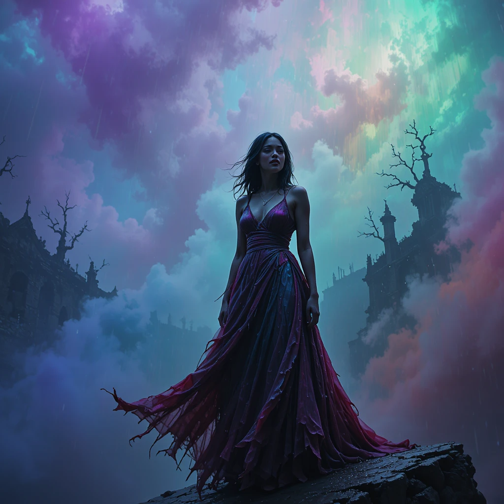 Woman on a precipice in swirling iridescent gothic mist