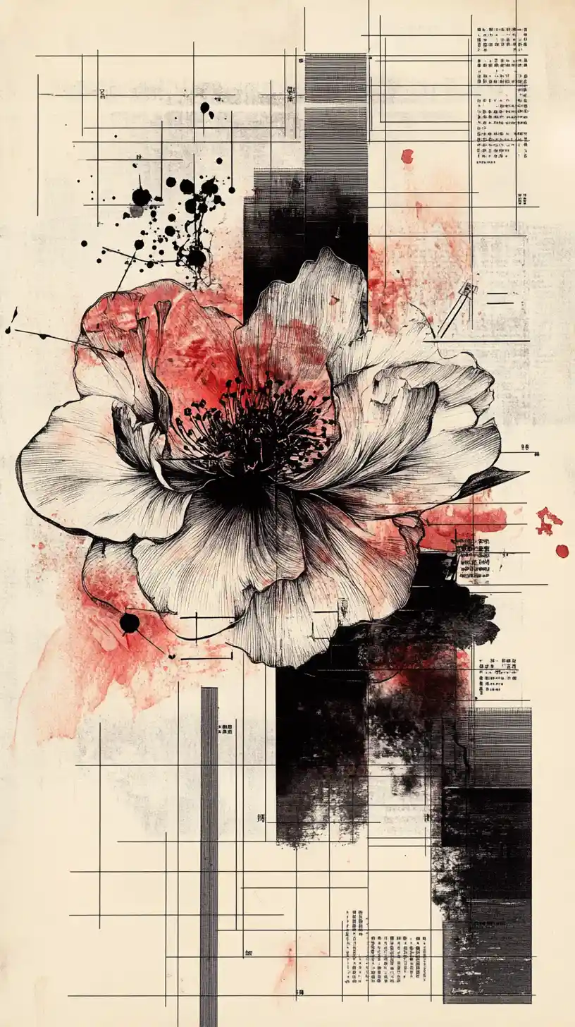 Botanical and facial hybrid diagram with expressive ink splashes