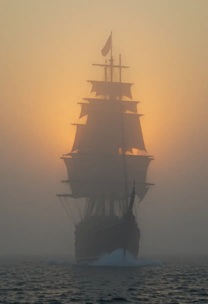 Alto veliero in controluce all’alba nebbiosa in mare aperto