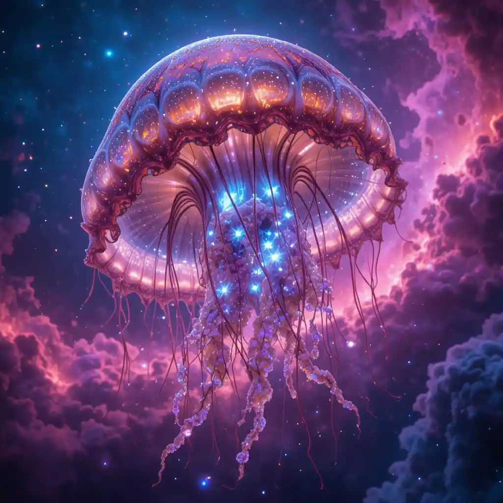 Colossal Glass Jellyfish Floating In A Neon Cosmic Nebula