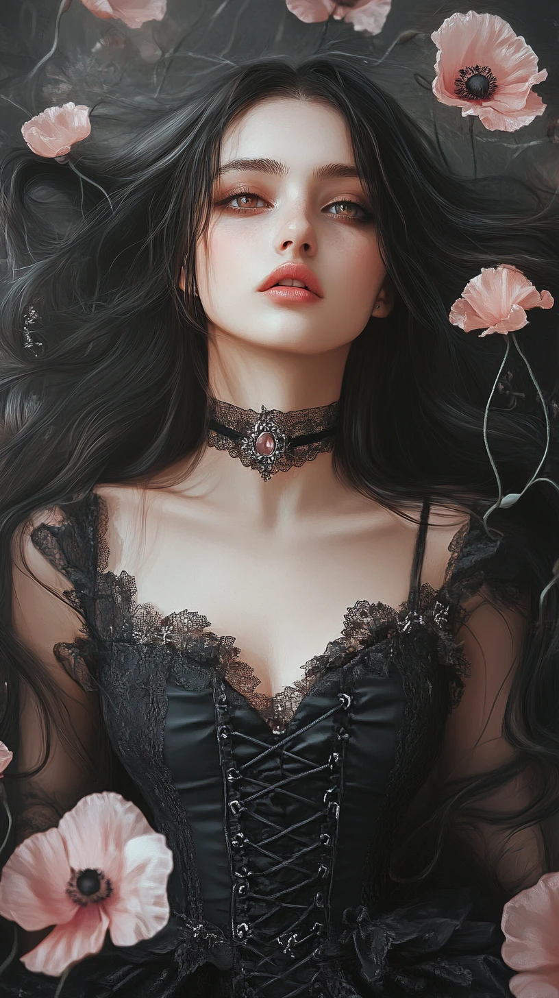 Dunkel-romantisches Mädchen mit schwarzem Spitzenkleid und Mohnblumen
