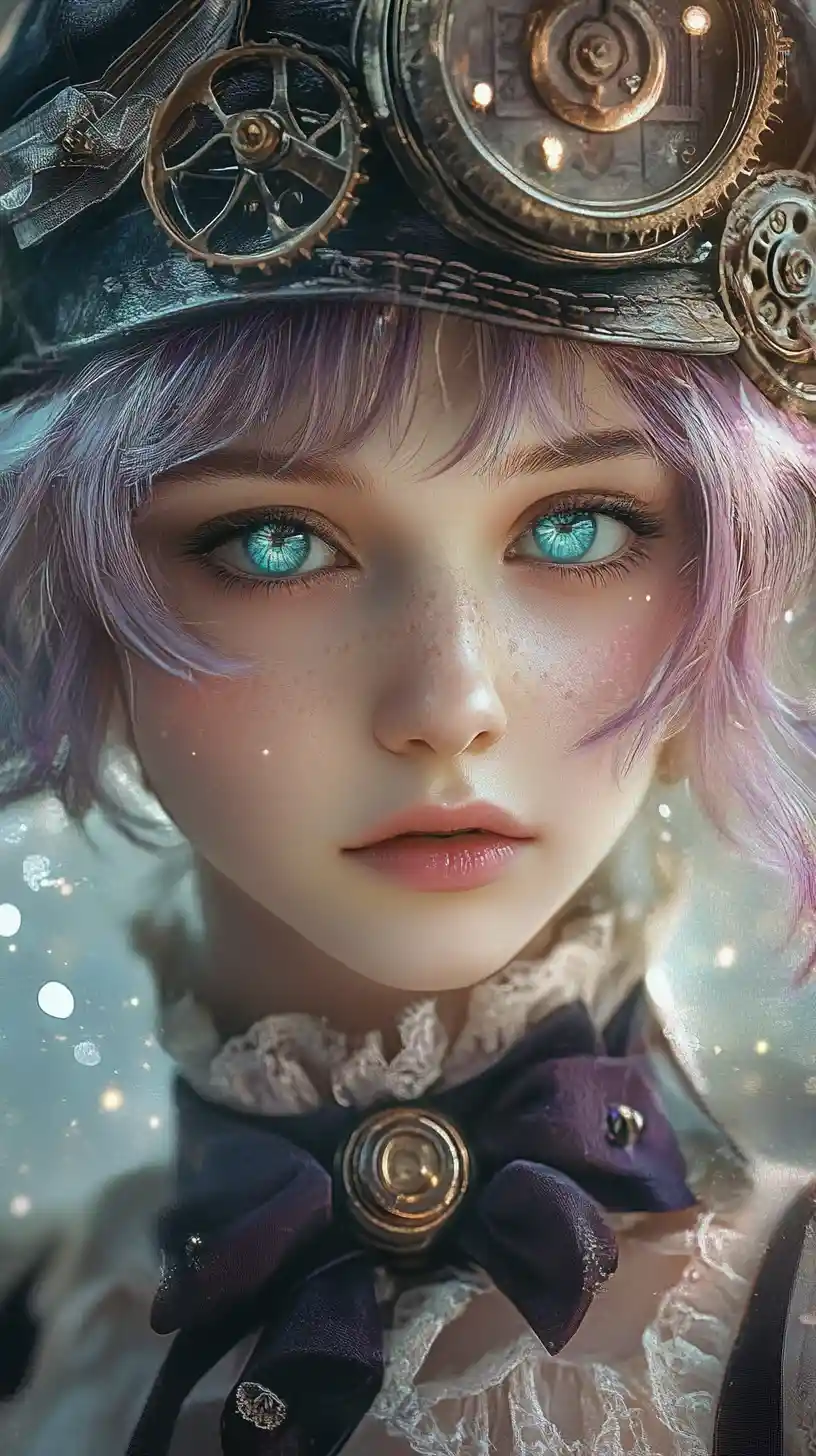 Steampunk girl portrait with glowing turquoise eyes