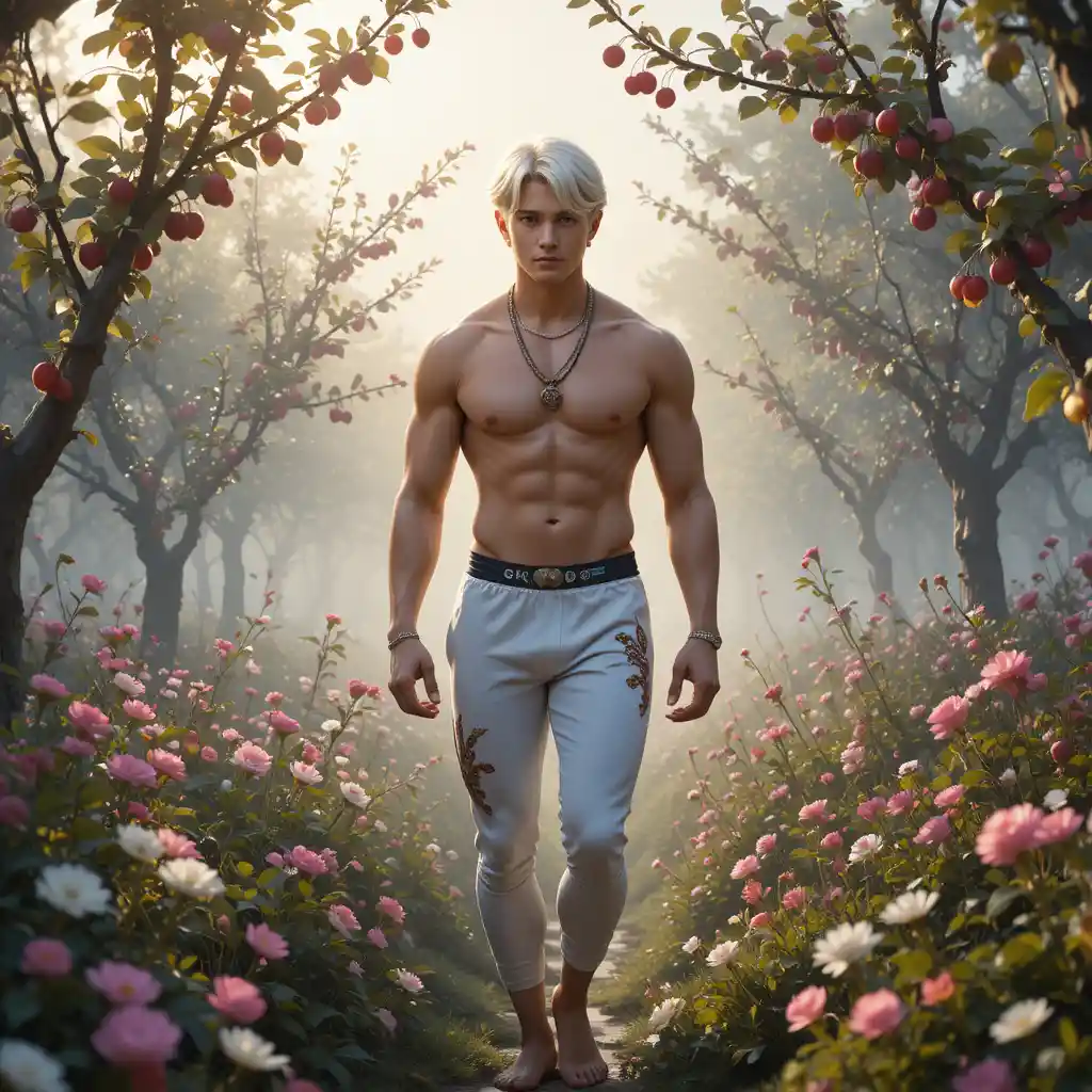 Muscular blond youth walking barefoot in a cherry forest
