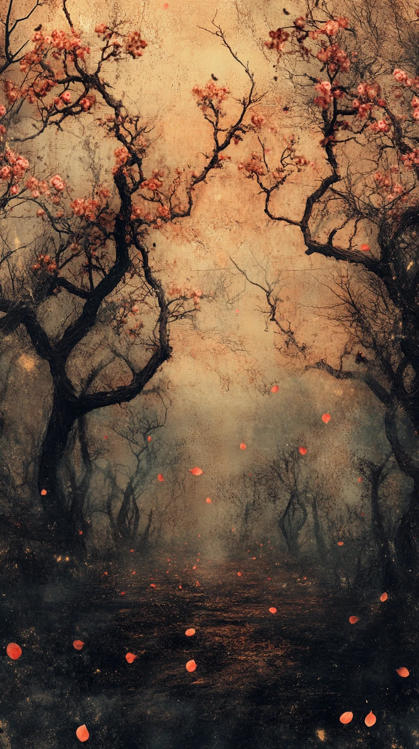 Huerto surrealista de árboles hechos de hueso y flor