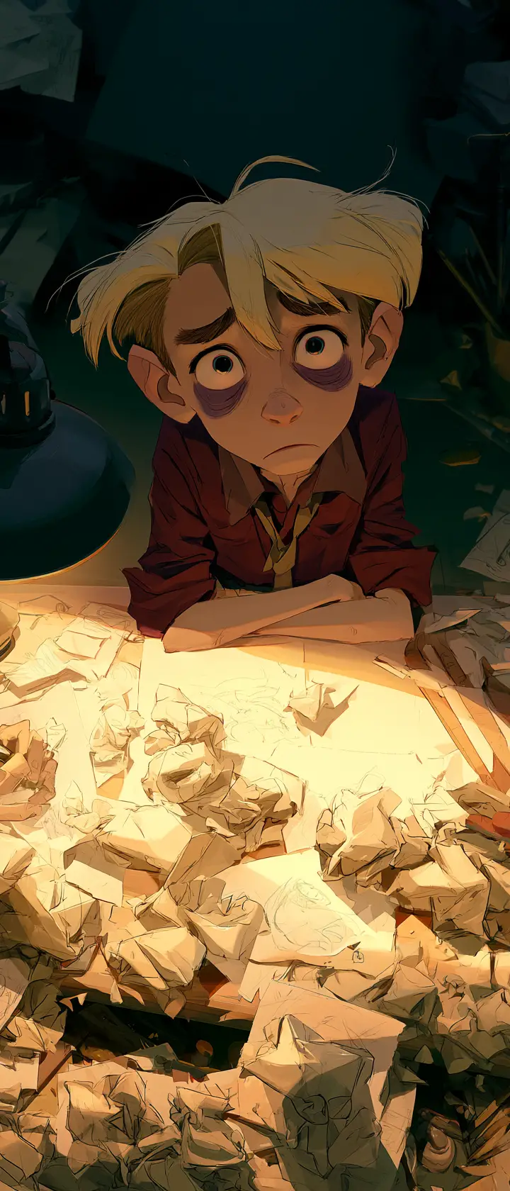 Exhausted anime artist slumped over cluttered drawing desk