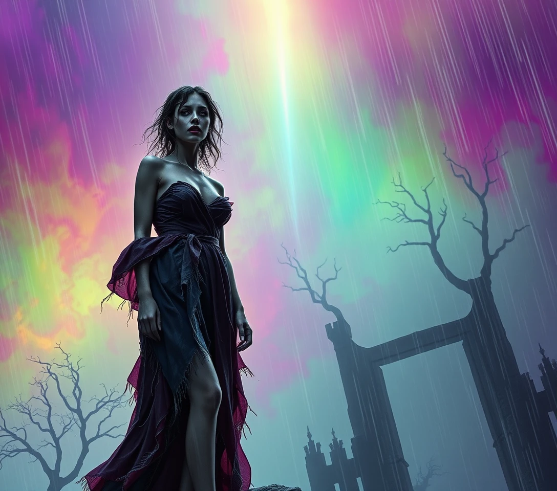 Woman on a precipice in swirling iridescent gothic mist