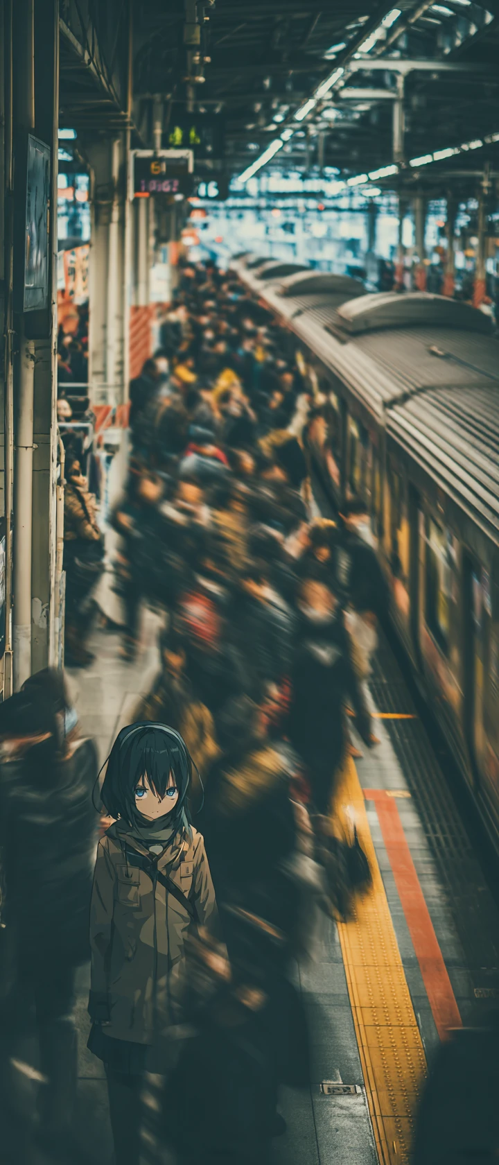 Anime girl standing still in a crowded train station