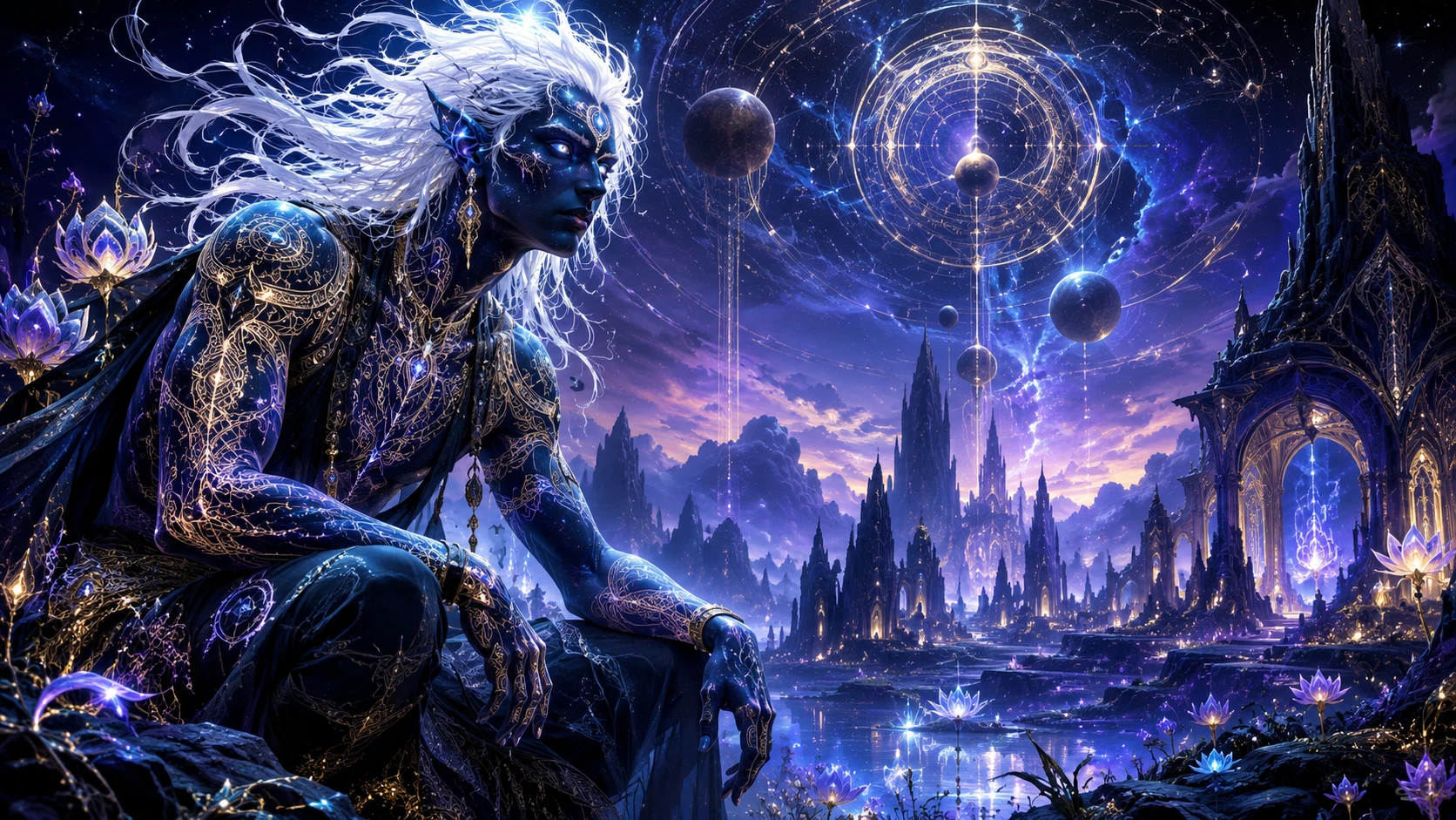 Humanoid creature in glowing alien landscape illustration