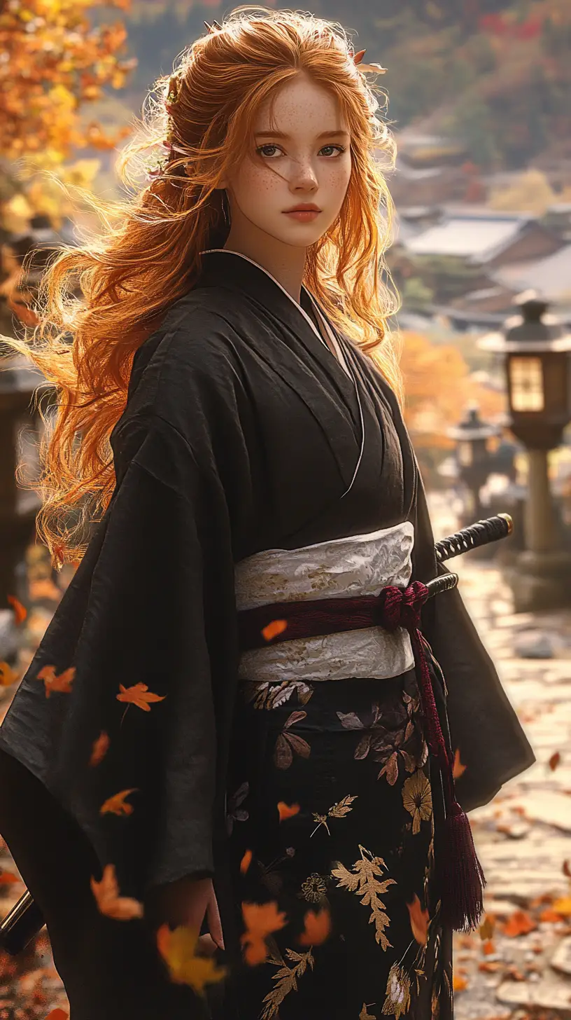 Ginger haired samurai woman on a quiet mountain path