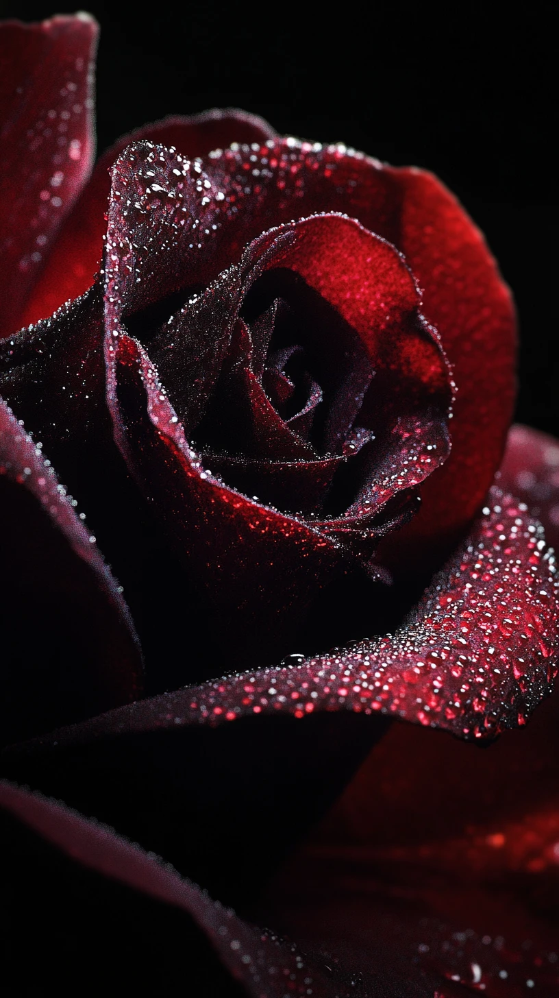 Dark rose petal in shadow with glistening dew highlights