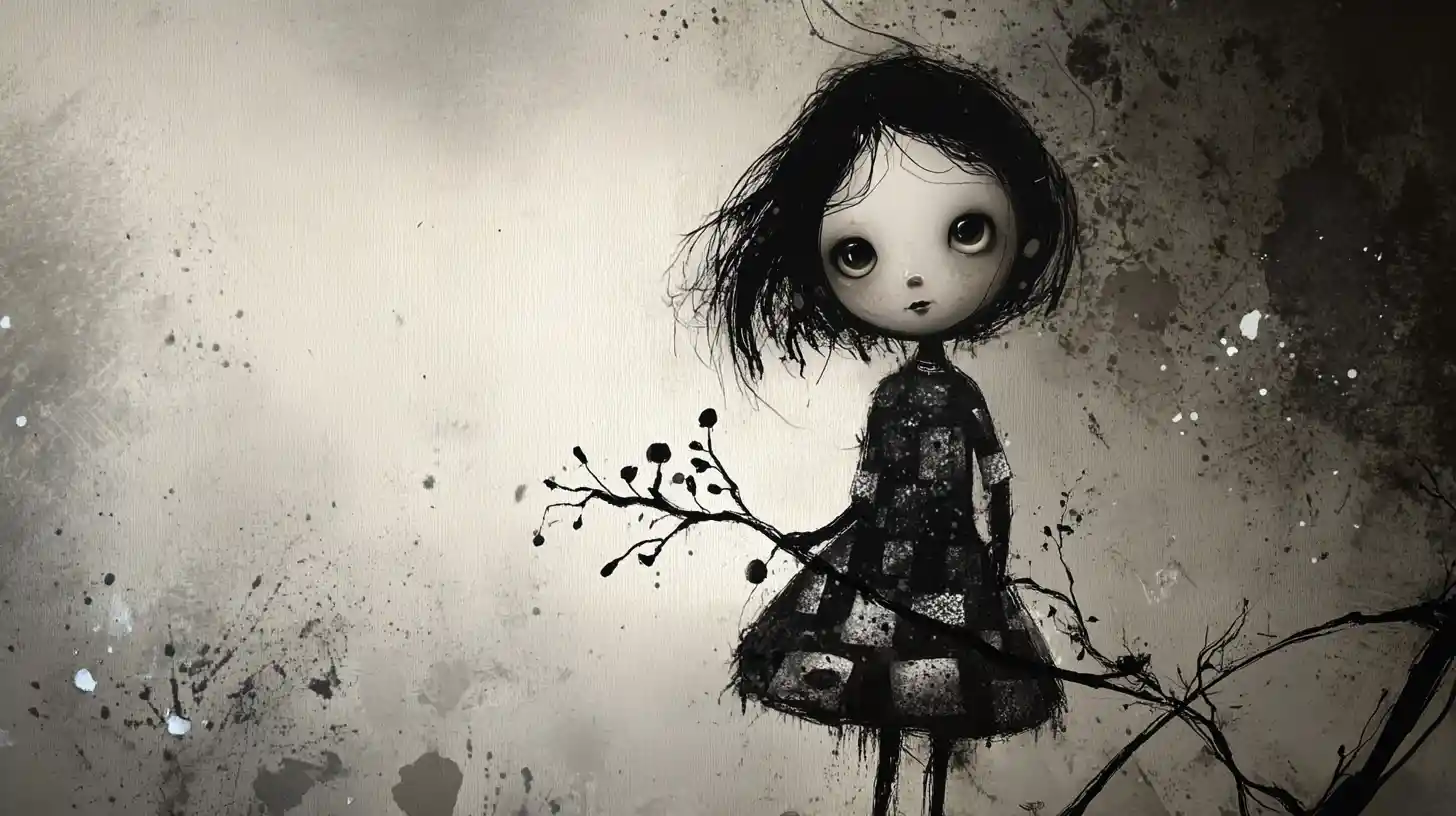 Melancholic girl holding glowing fungi branch in soft ink style