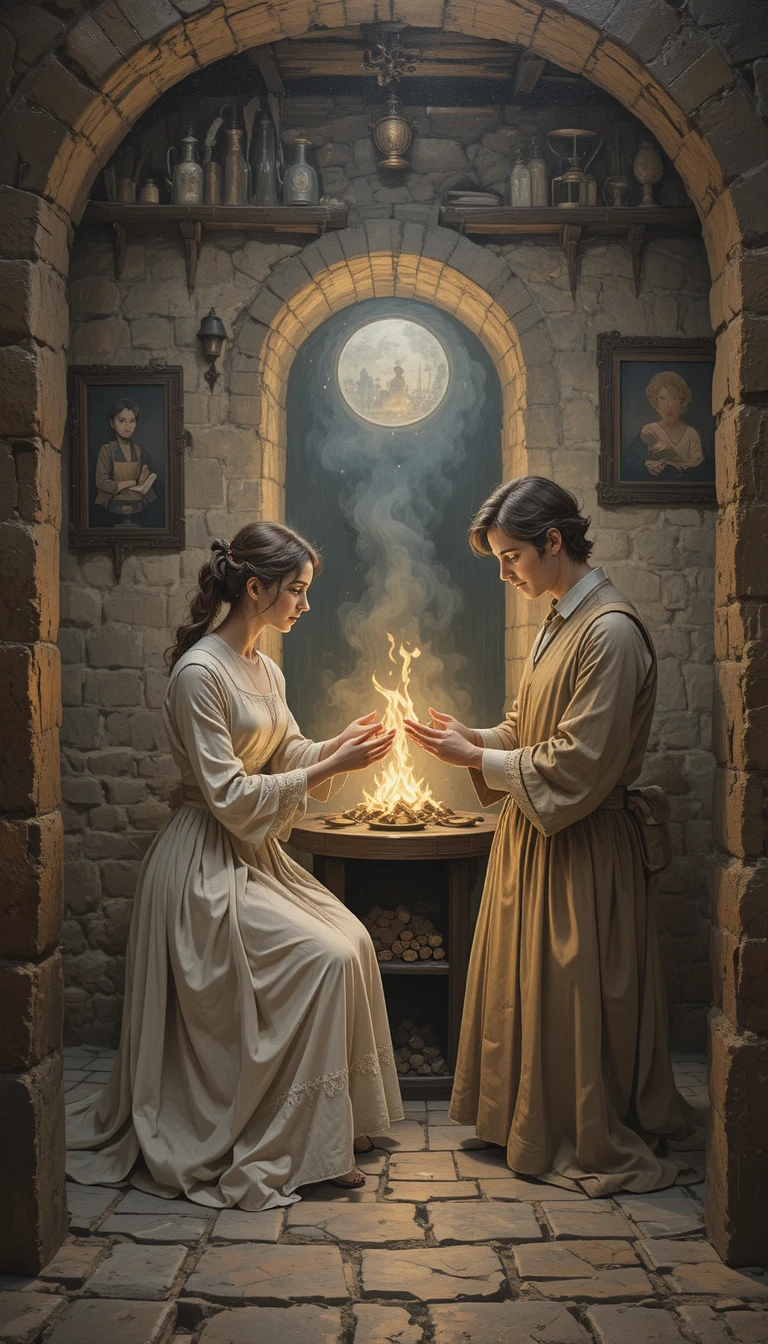 Couple warming by a small fire in a medieval room