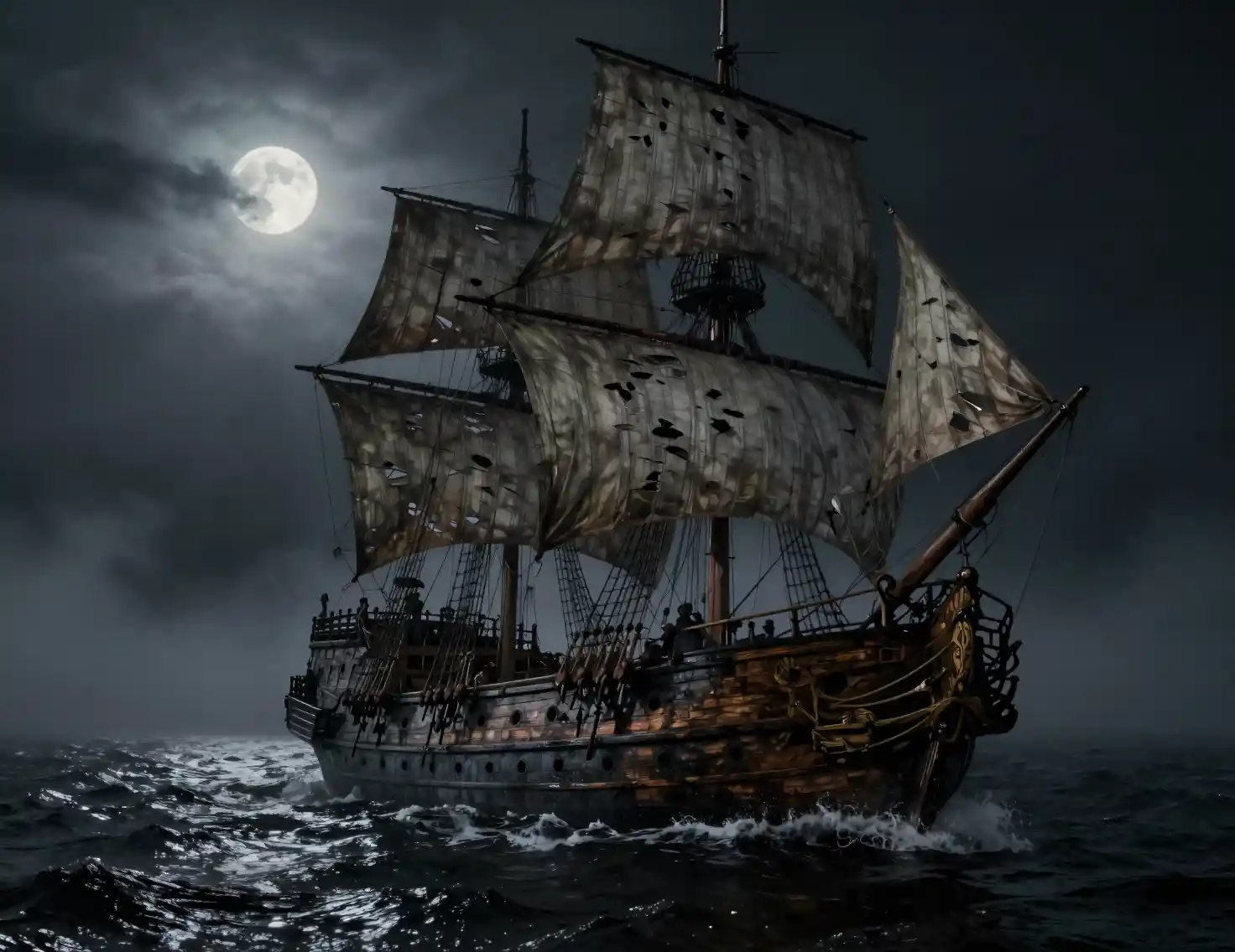 Ghostly victorian ship drifting through moonlit ocean fog