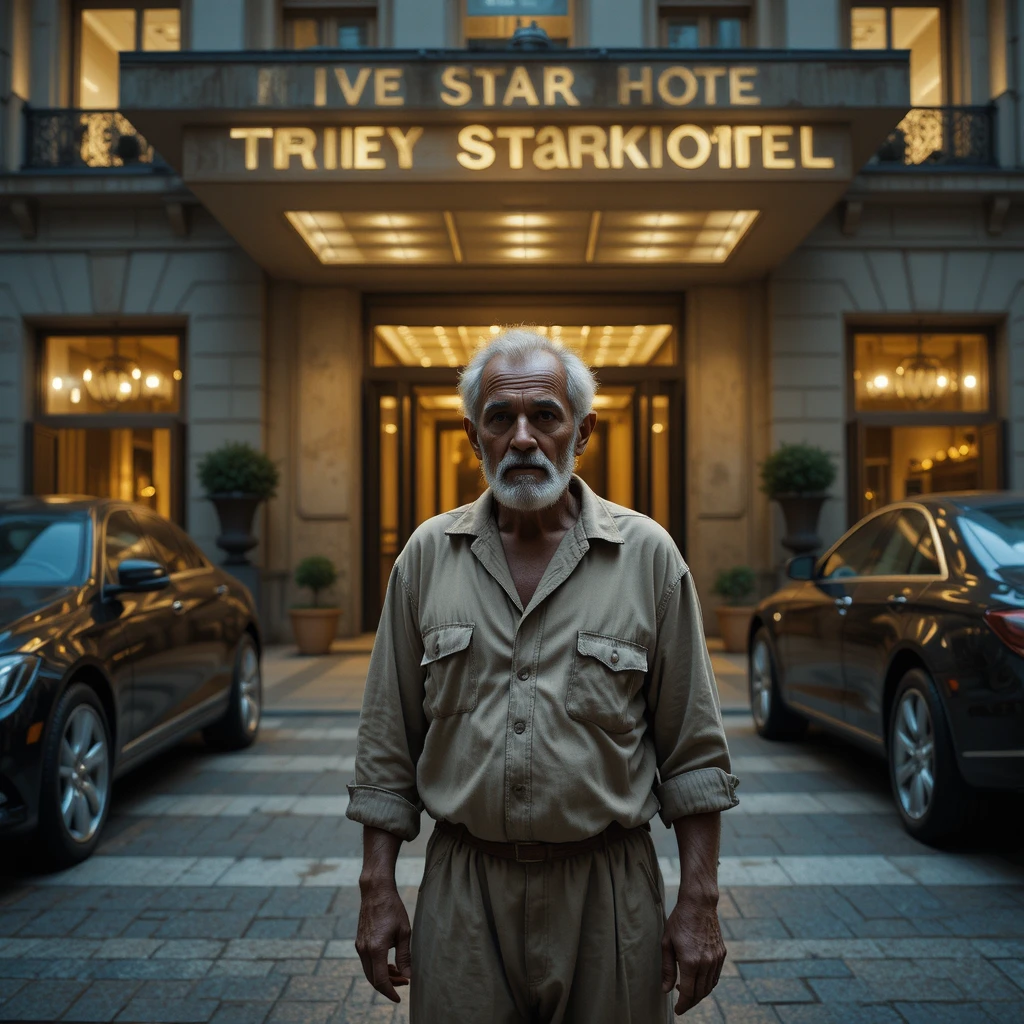 Poor man standing outside a luxurious five star hotel