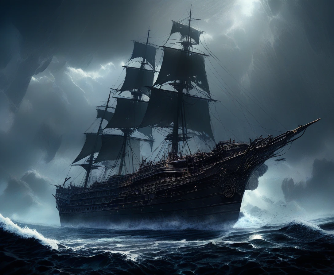 Ghostly victorian ship drifting through foggy night sea