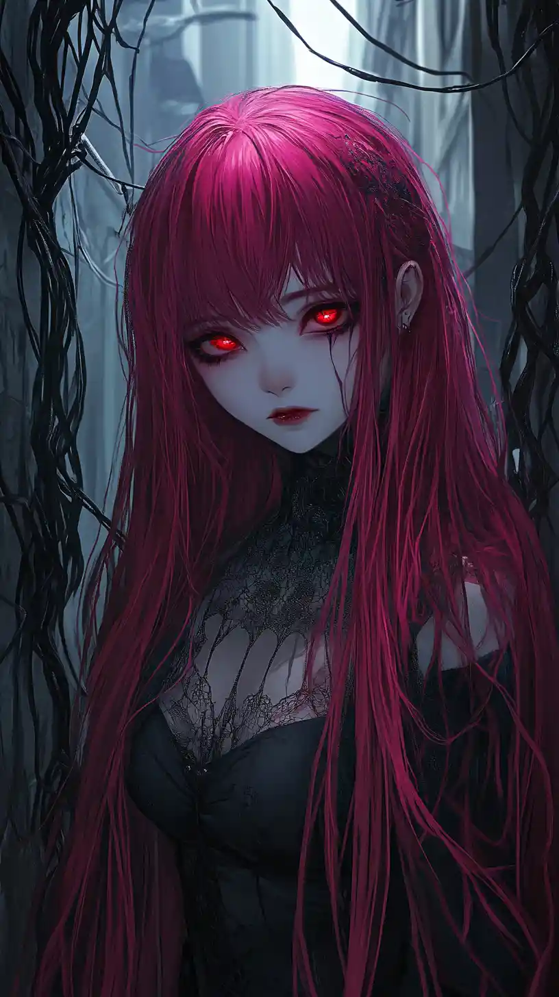 어두운 도심 골목의 붉은 눈을 가진 애니메이션 소녀