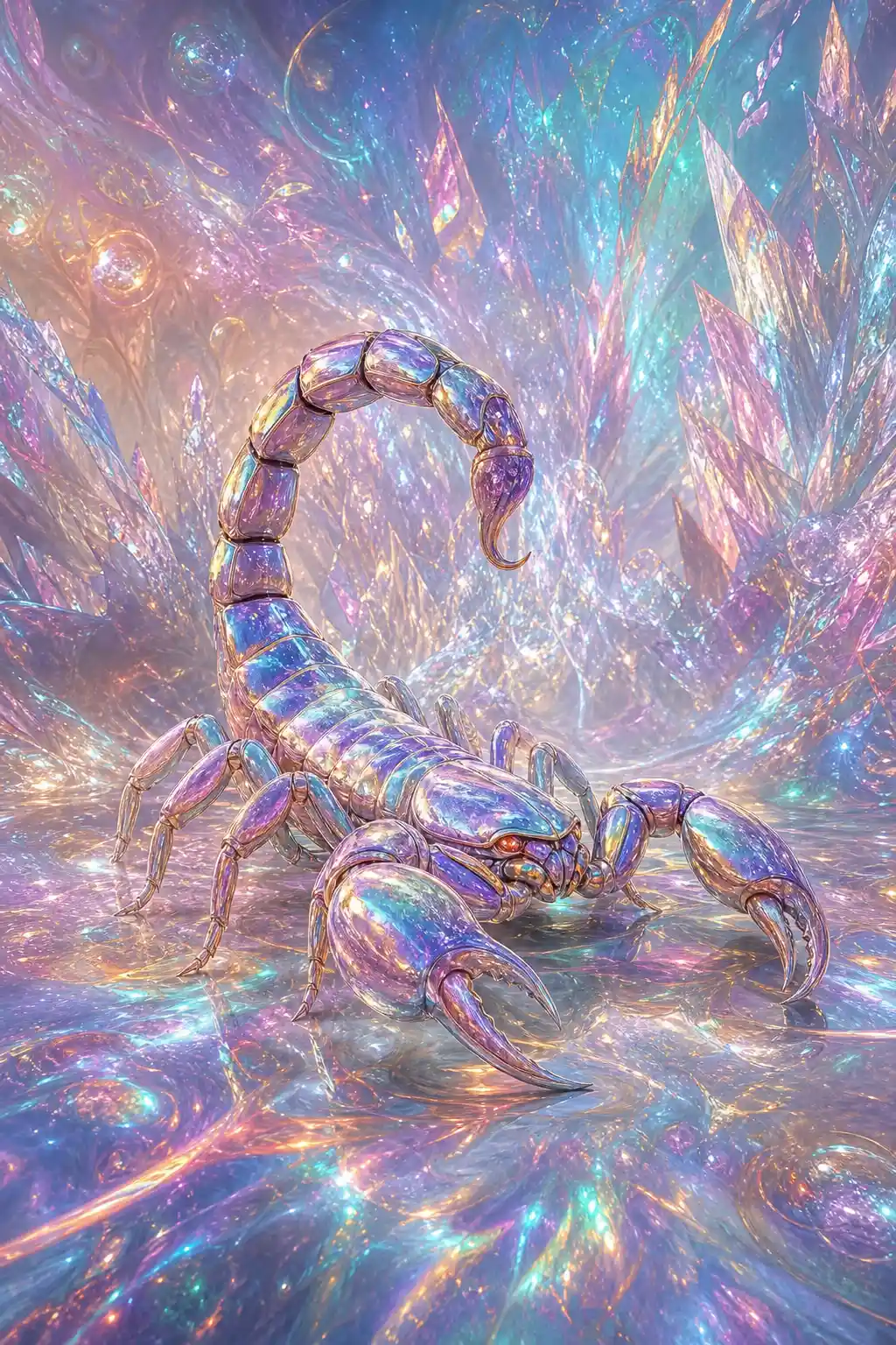 Ethereal metallic scorpion in a neon dreamscape
