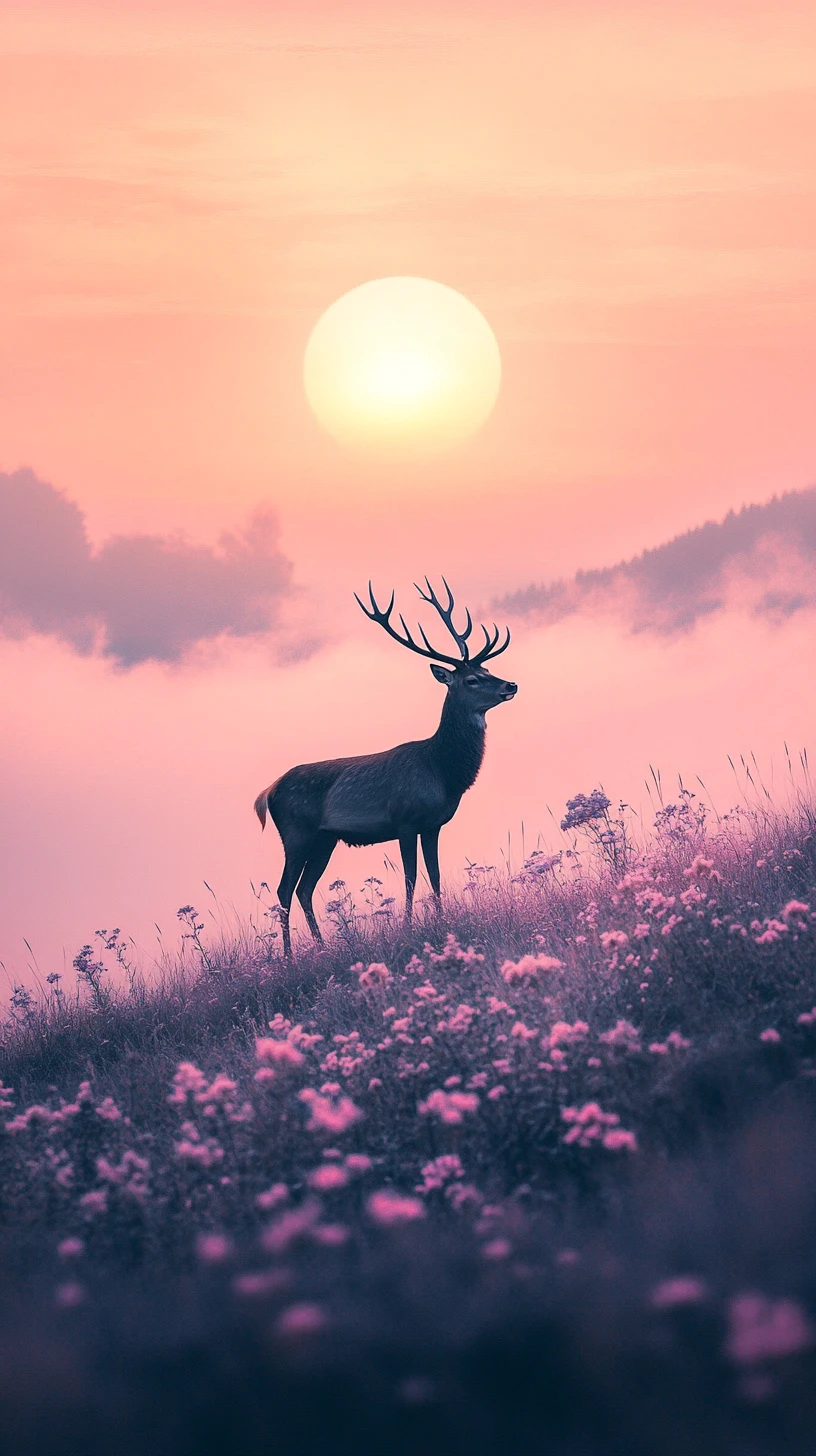 Deer Standing On A Flowered Hill At Soft Pastel Sunrise