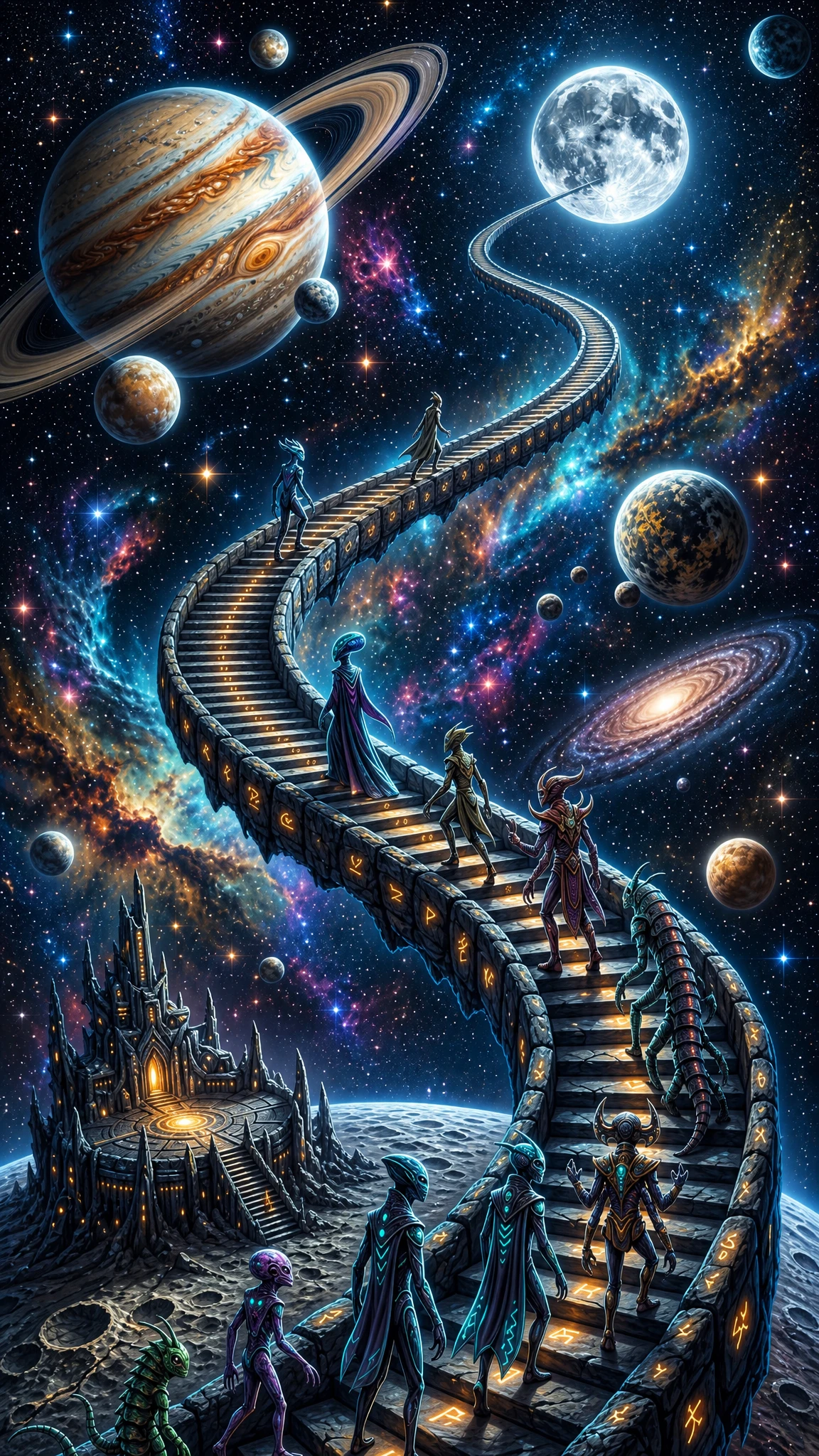 Endless staircase rising through space toward the distant moon