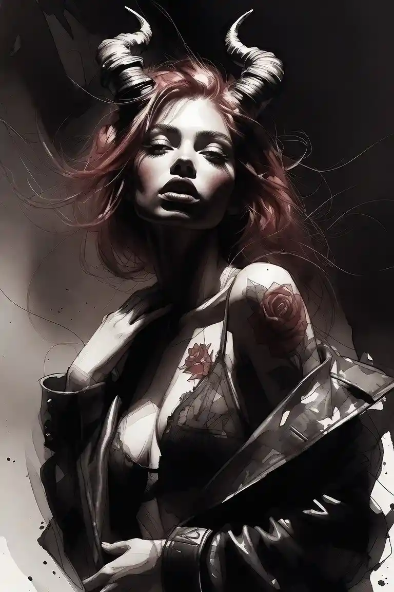 Moody succubus portrait with red hair and horns