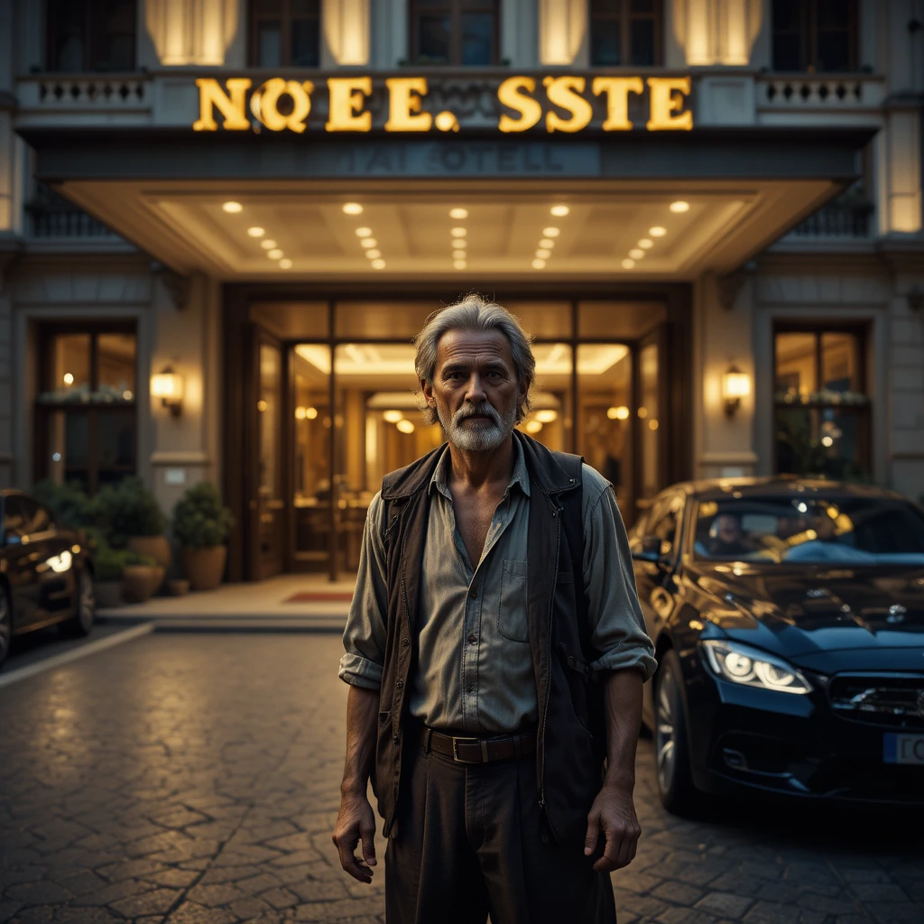 Hungry man outside a luxurious hotel entrance at night