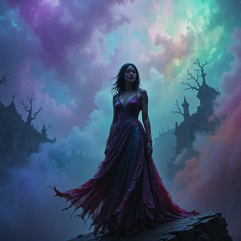 Woman on a precipice in swirling iridescent gothic mist