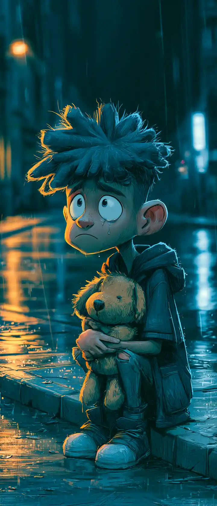Anime girl on rainy city curb holding childhood toy