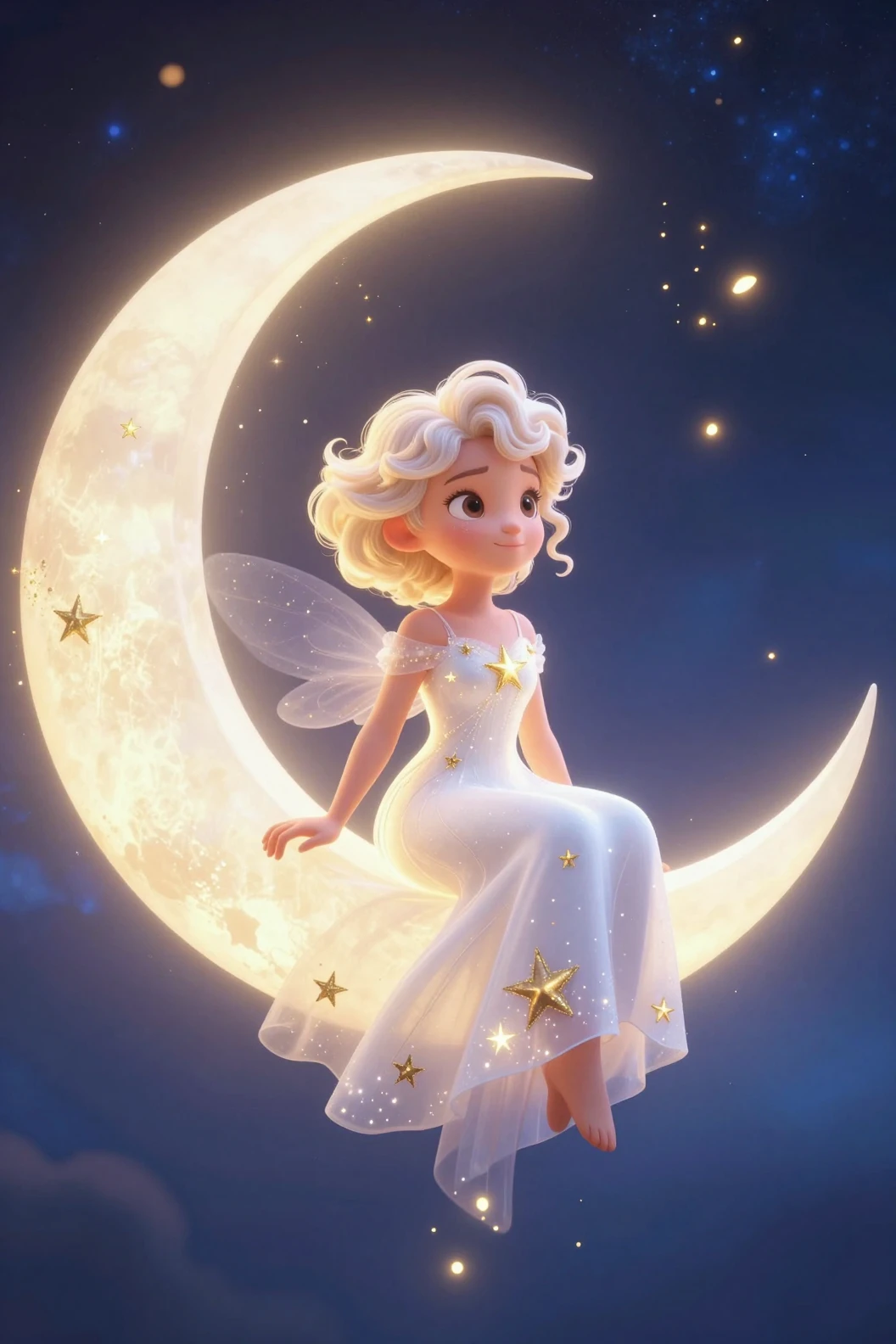 Celestial fairy girl on glowing crescent moon