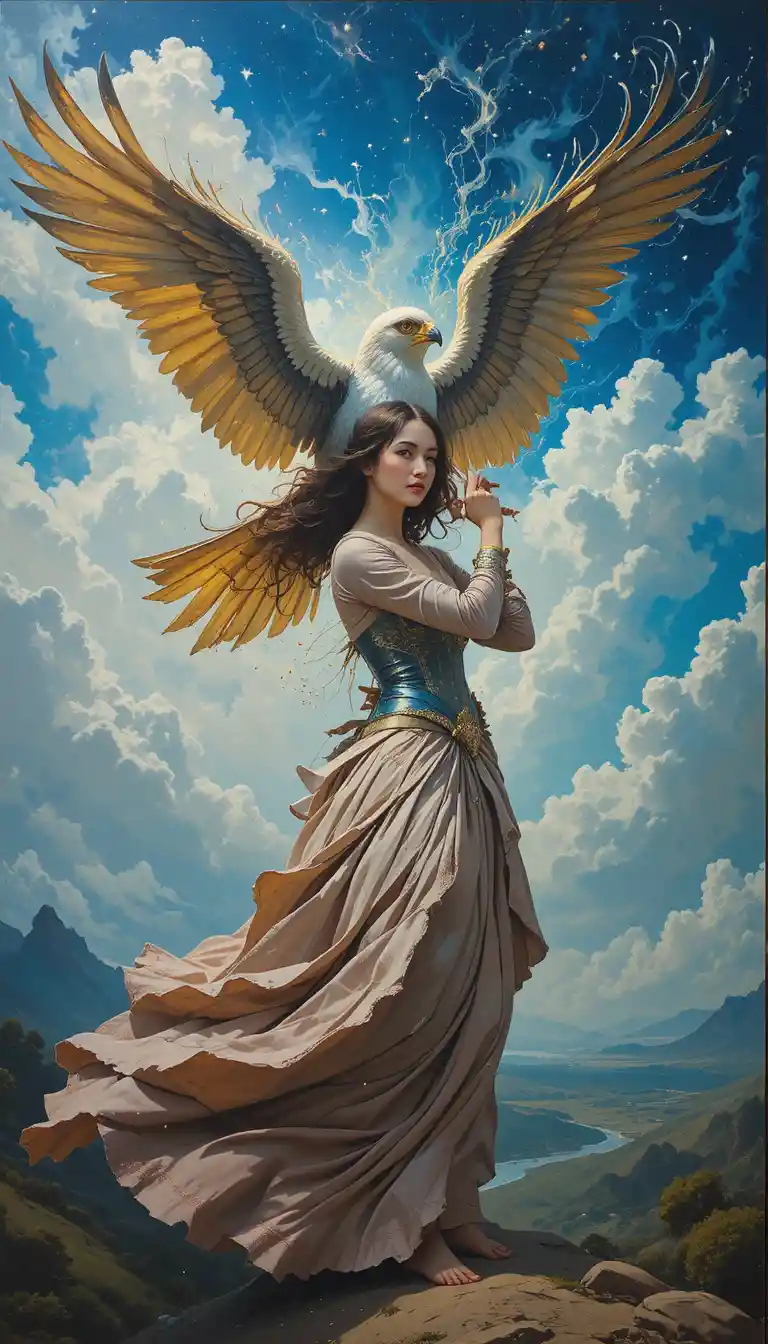 Young woman with eagle in dynamic gestural painting