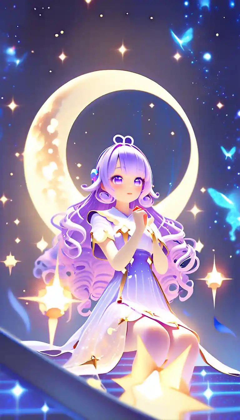 Celestial fairy on glowing crescent moon in deep nebula