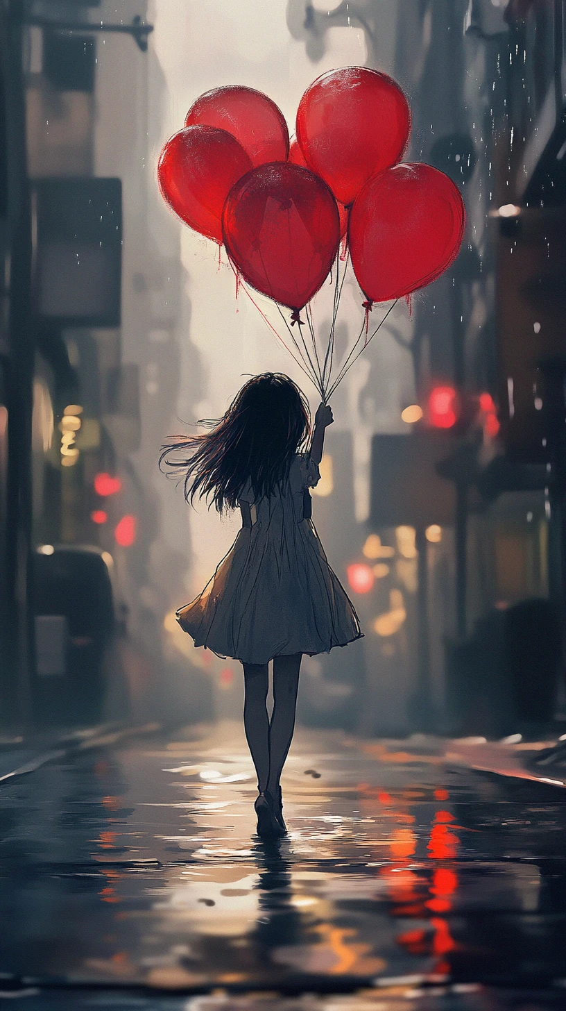 Girl with red balloons on a rainy cobblestone city street