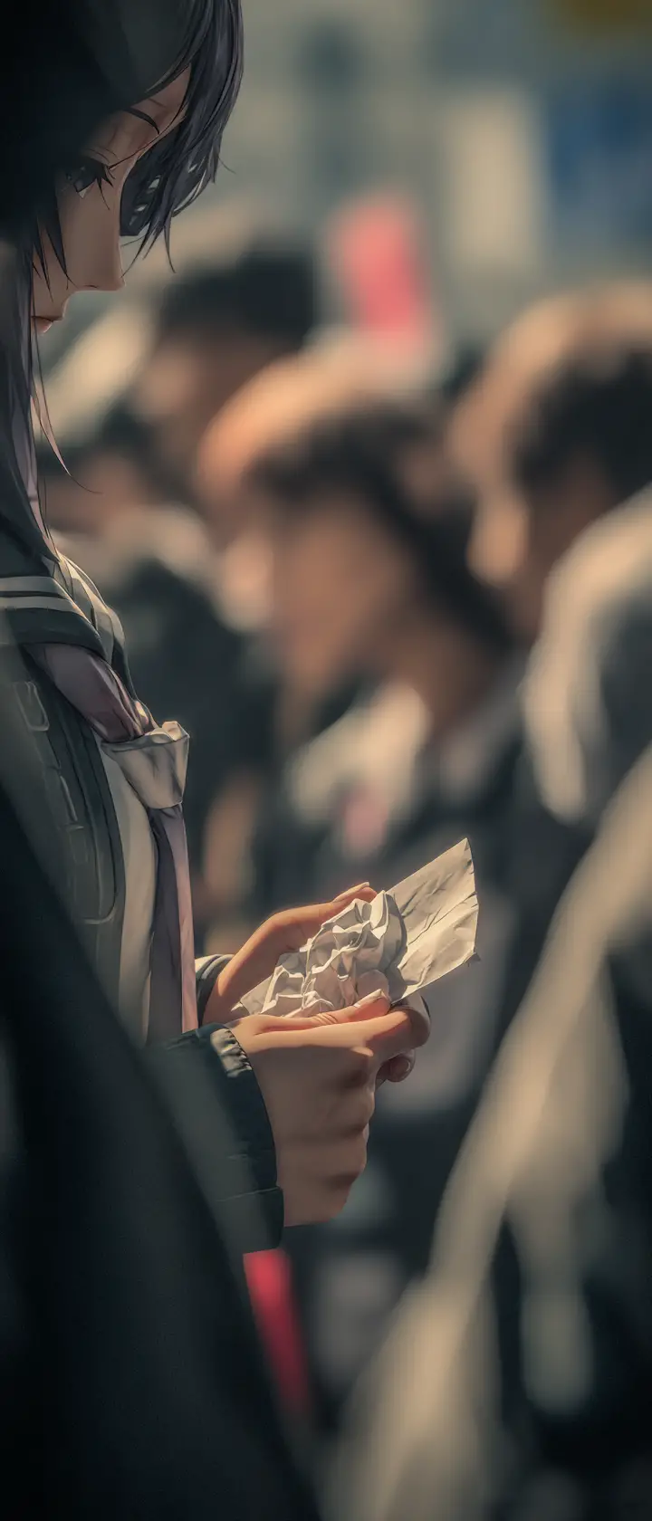 Primer plano de una mano de anime sosteniendo una nota arrugada