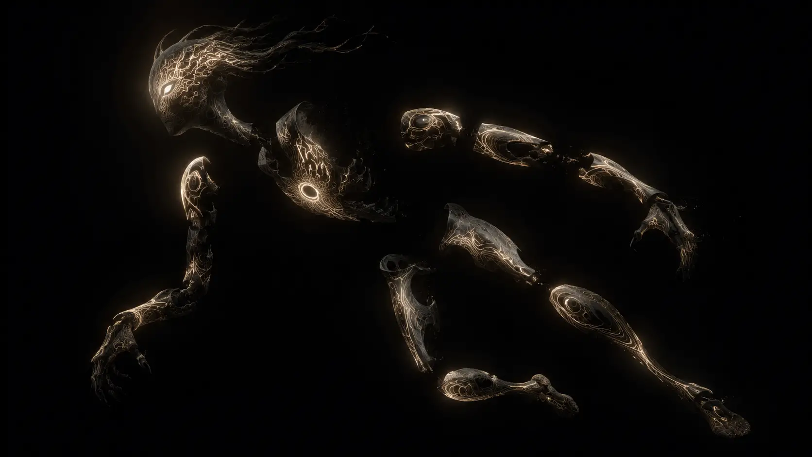 Surreal fragmented creature body glowing in dark void