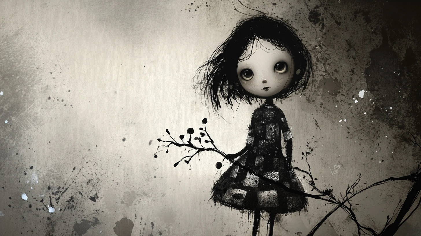 Melancholic girl holding glowing fungi branch in soft ink style