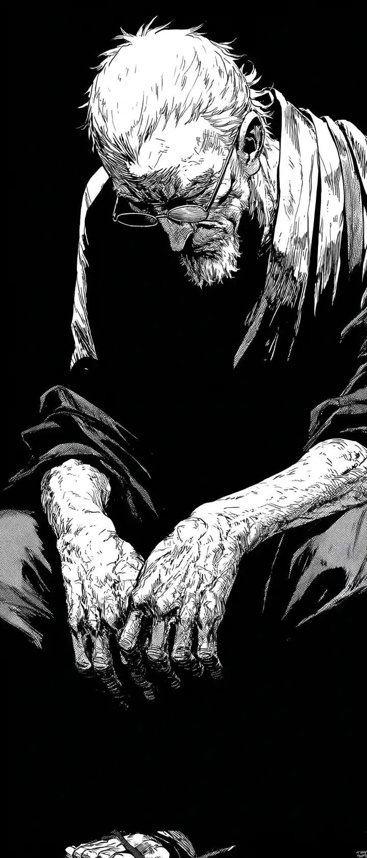Black and white anime portrait of a weary older man