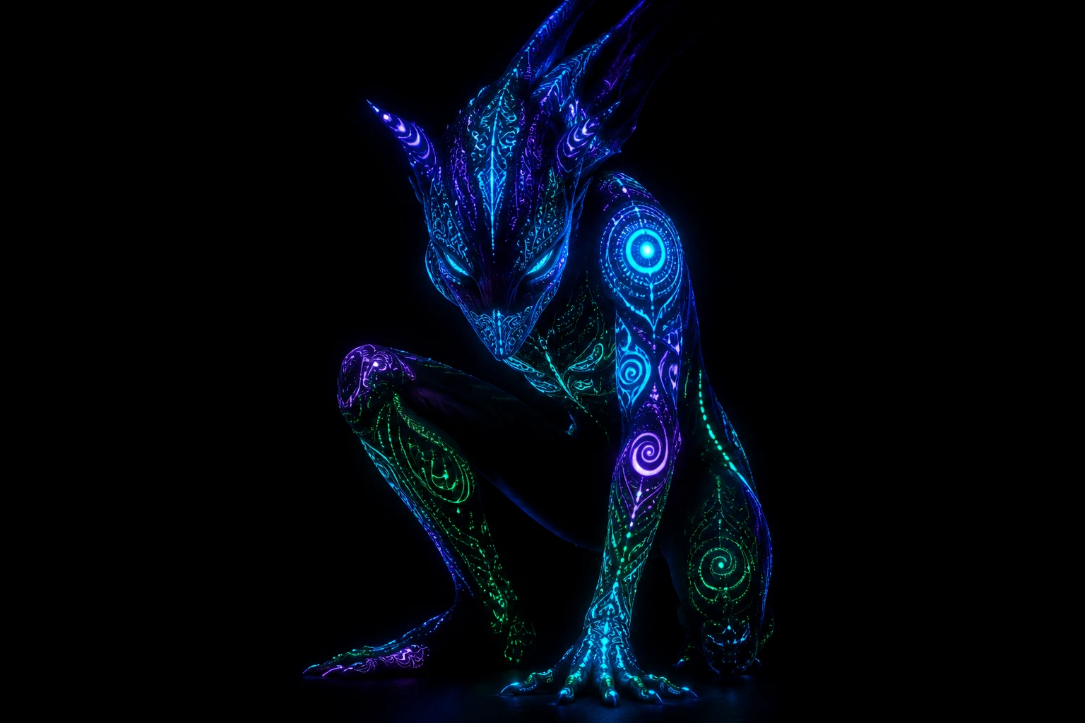 Bioluminescent Fantasy Creature In Dark Negative Space
