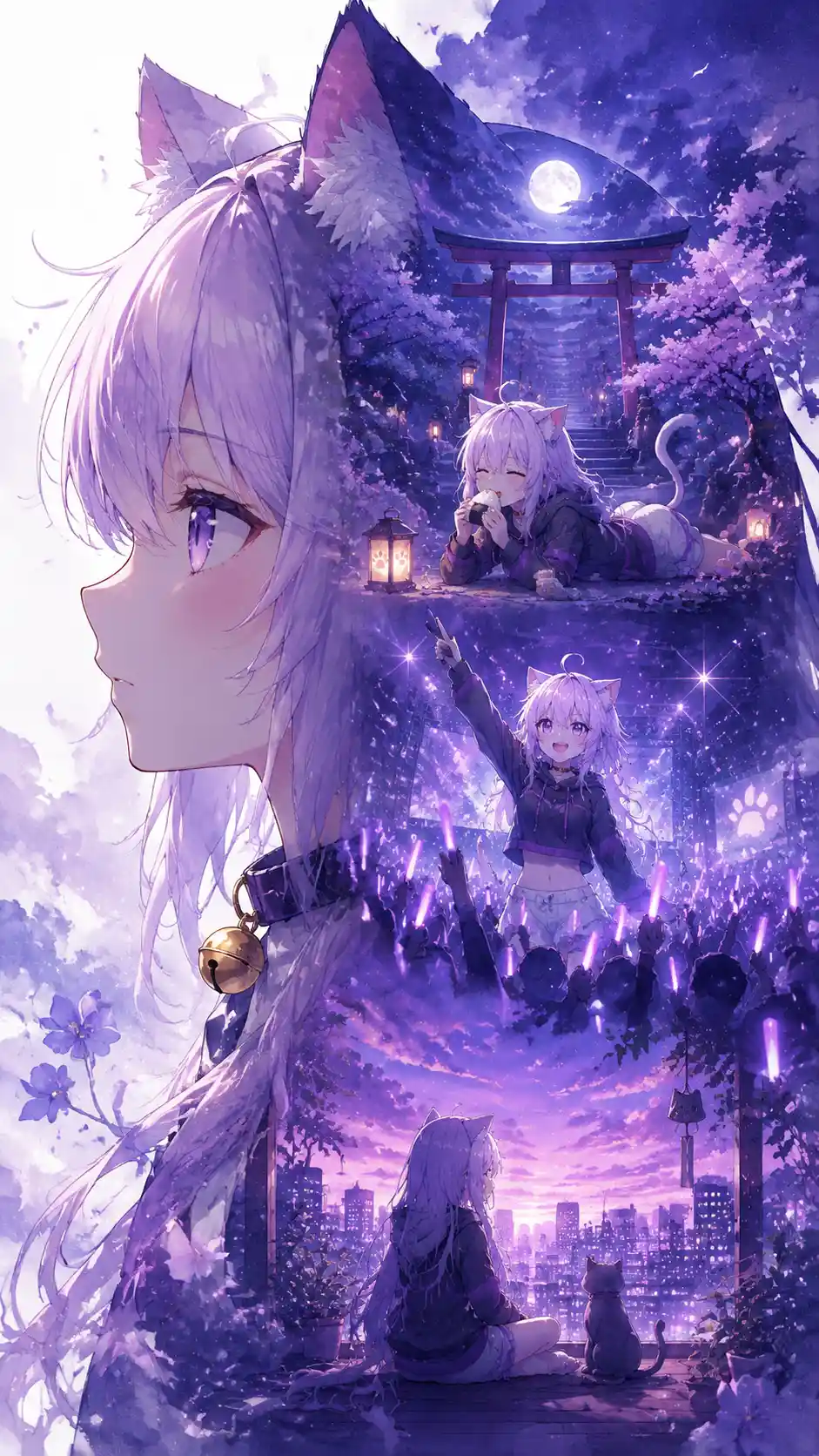 Anime cat girl close up in dreamy purple profile