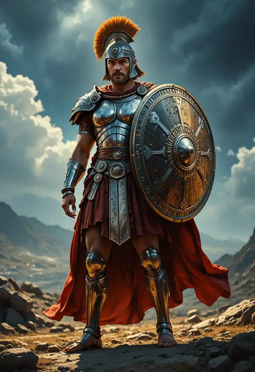 Armored warrior lifting a radiant moonlike shield