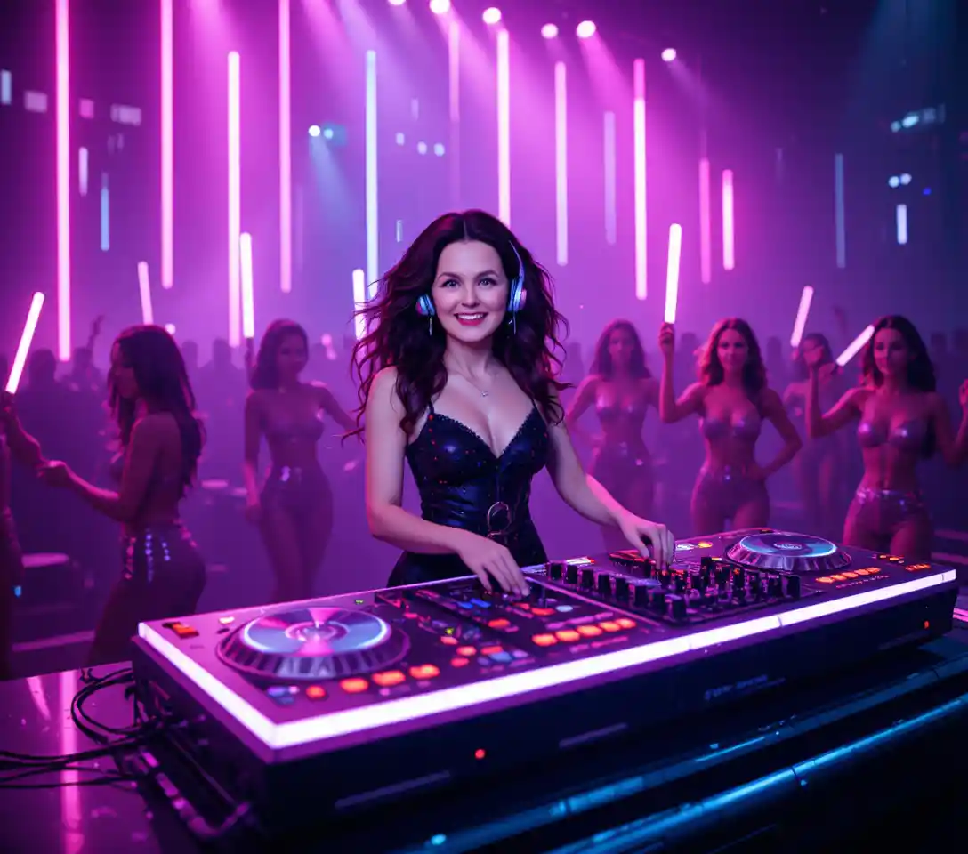 Female DJ mixing on neon stage with backup dancers