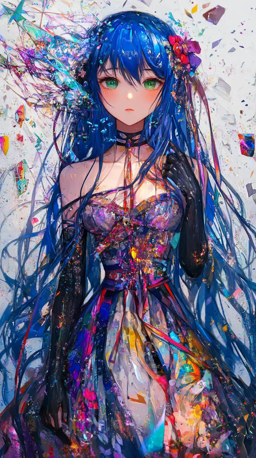 Anime girl with blue hair and floral purple outfit