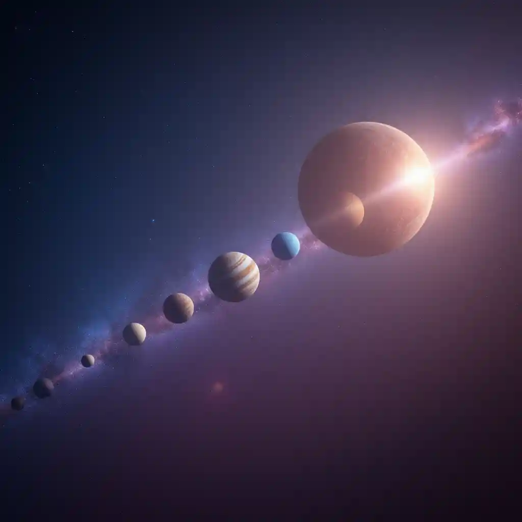 Colorful planetary lineup of six worlds across the night sky