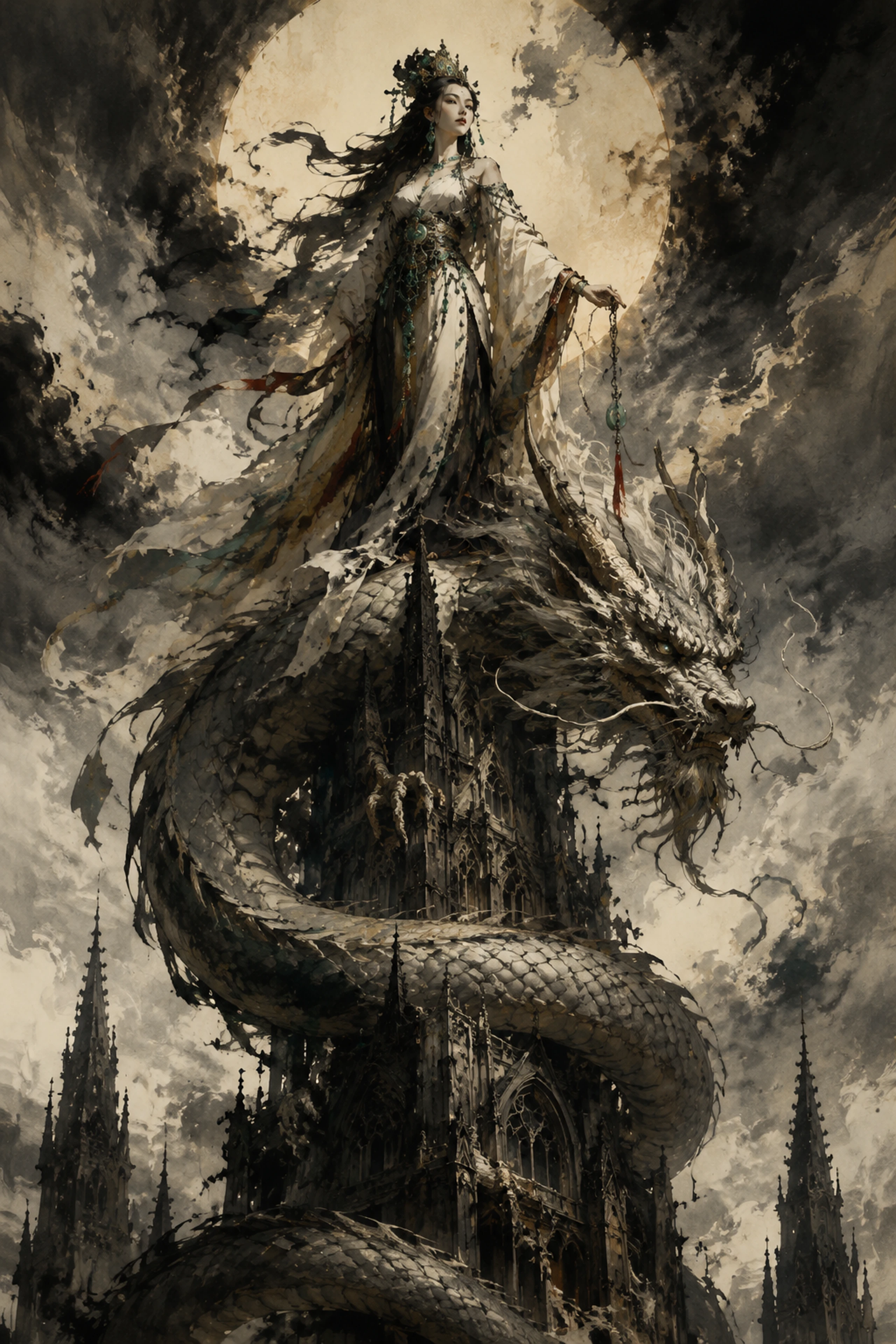 Chinese goddess standing on ancient dragon above gothic spire