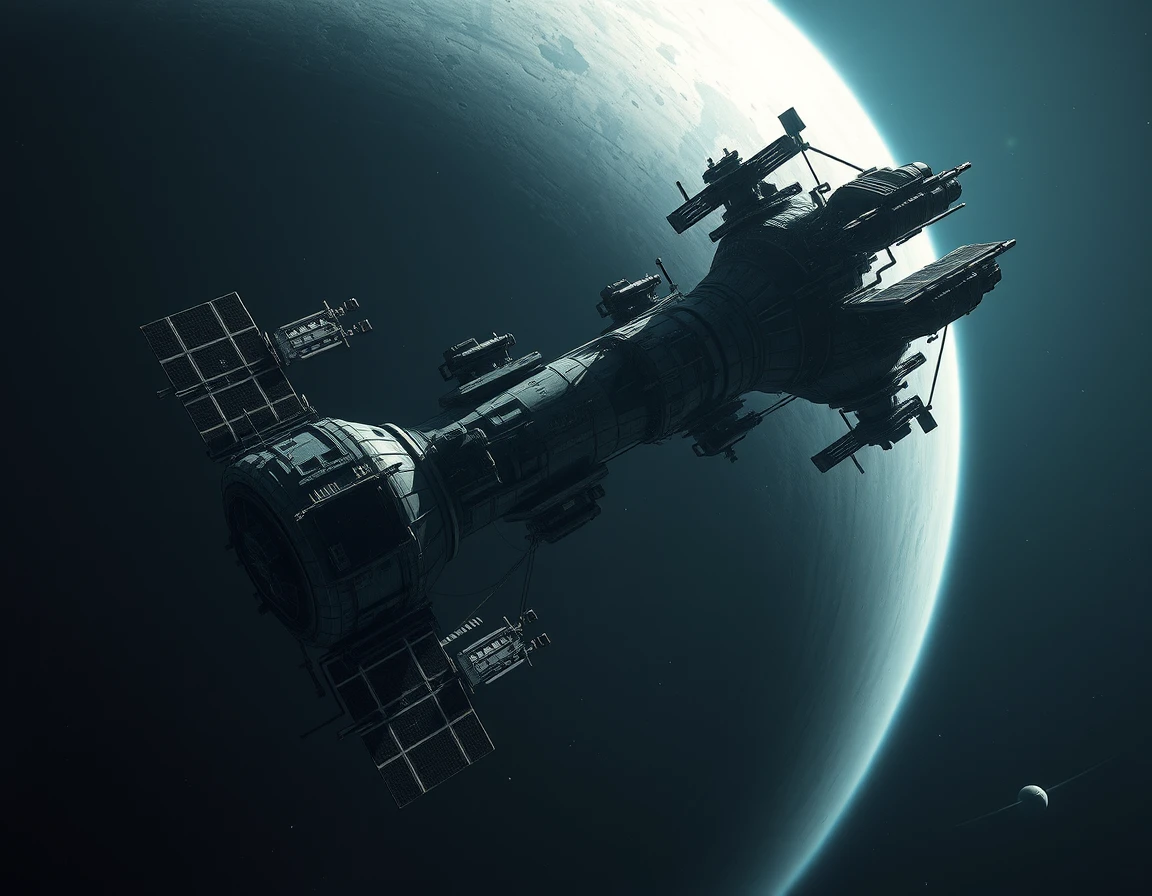 Abandoned space station drifting beside a distant ringed giant